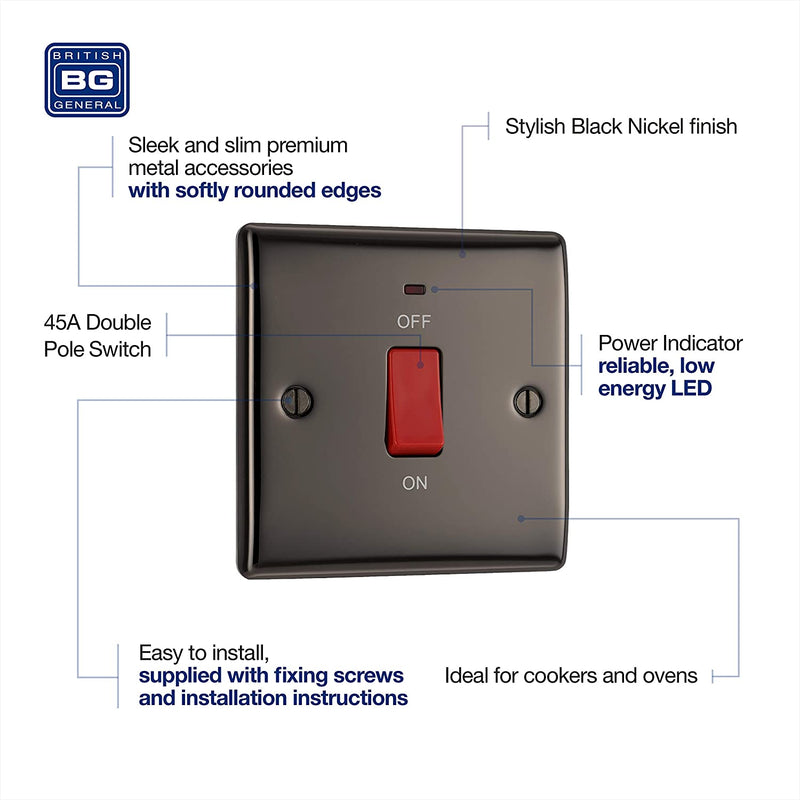 BG Nexus Metal 45 Amp Small DP Switch with Neon in Black Nickel - NBN74-01