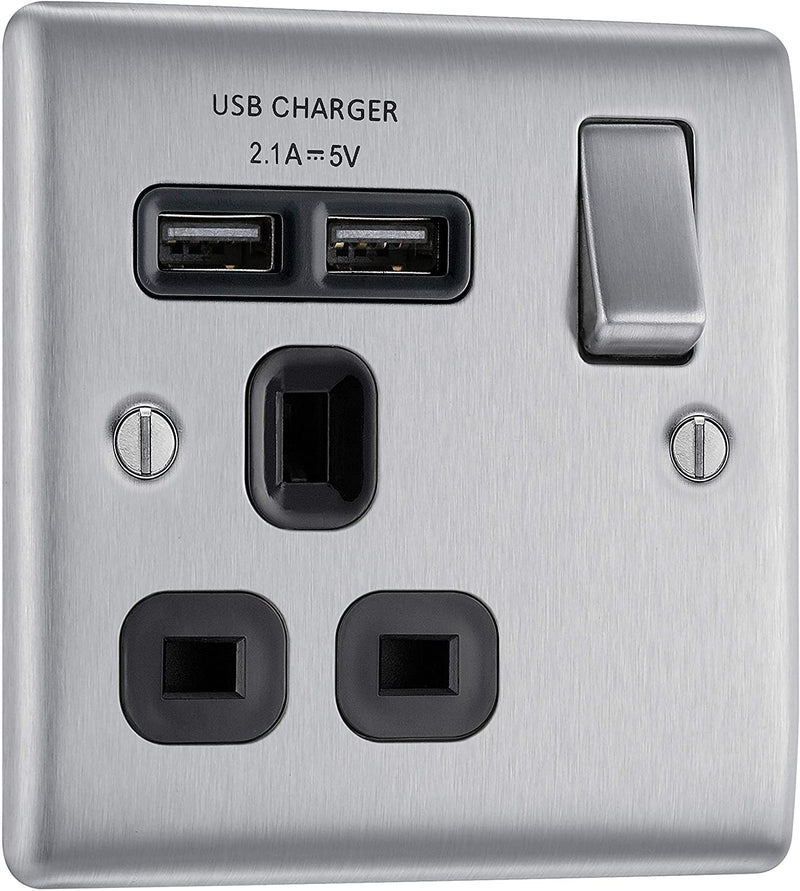 BG Nexus Metal USB Single Socket in Brushed Steel with Black Inserts - NBS21U2B-01