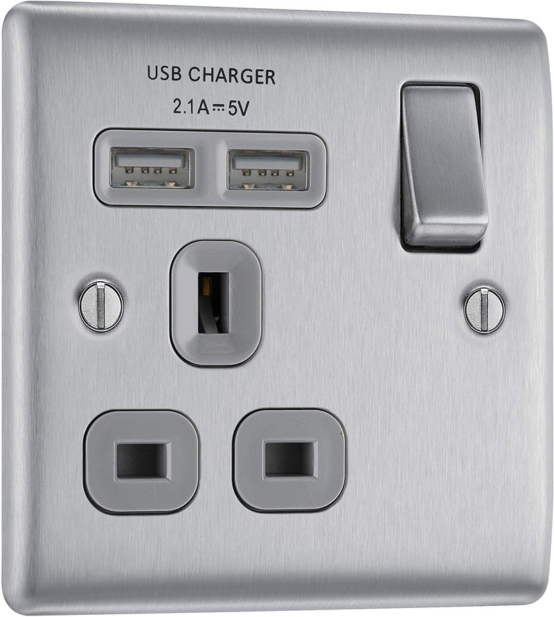 BG Nexus Metal Fast Charging Switched Single Socket with Two Charging USB Ports in Brushed Steel with Grey Inserts - NBS21U2G-01