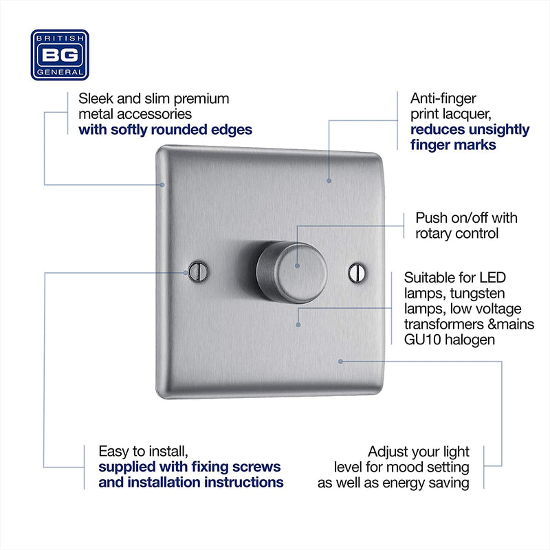 BG Nexus Metal 1 Gang Dimmer Switch in Brushed Steel - NBS81-01