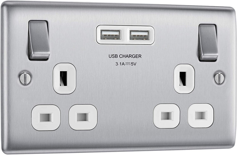 BG Nexus Metal USB Double Socket in Brushed Steel with White Inserts - NBS22U3W-01