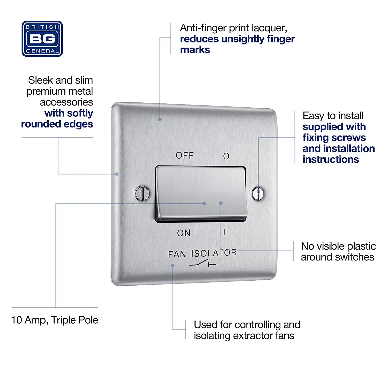 BG Nexus Metal Fan Isolator Switch in Brushed Steel - NBS15-01 BG (British General)