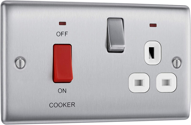 BG Nexus Metal 45 Amp DP Cooker Switch with Socket & Neon in Brushed Steel with White Inserts - NBS70W-01