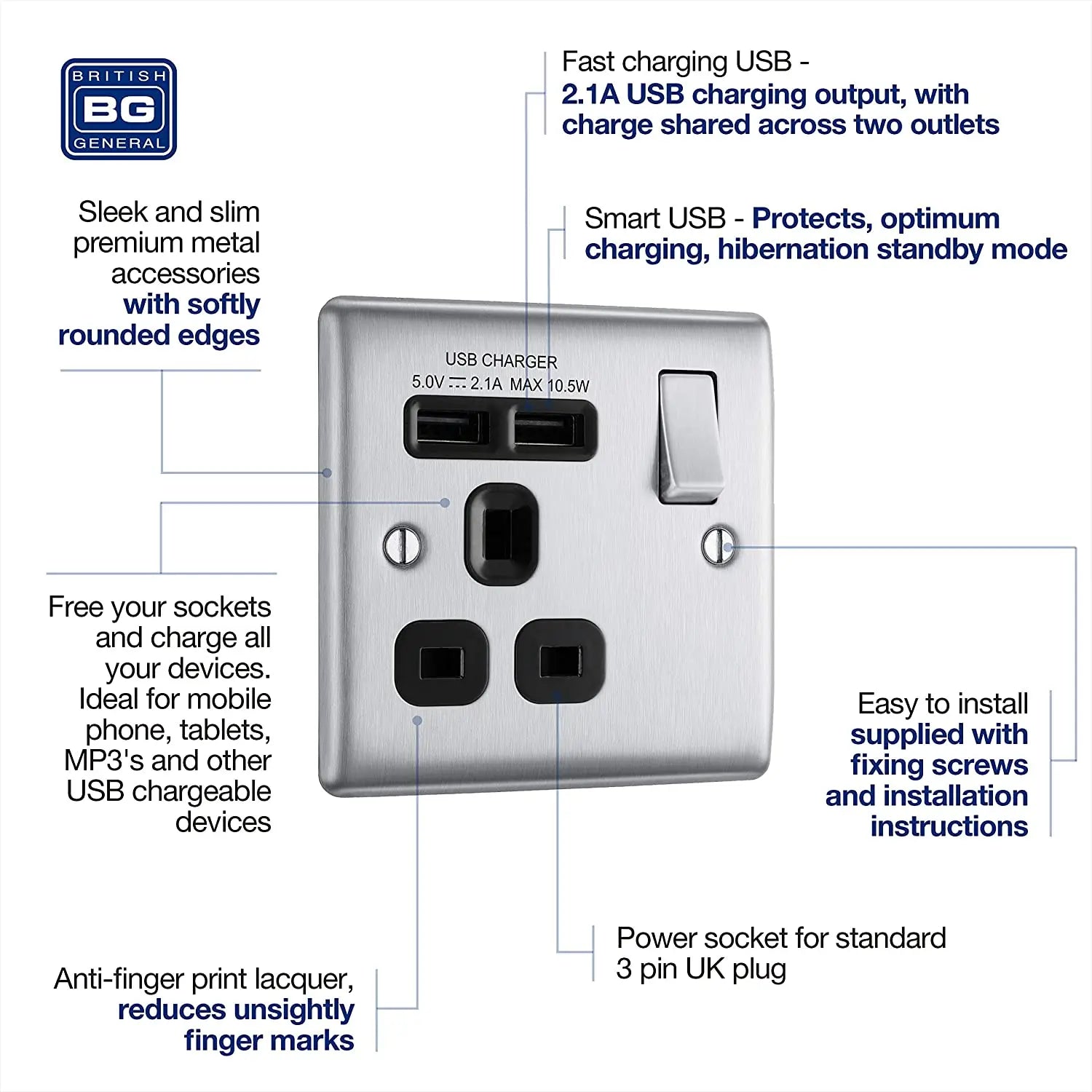 BG Nexus Metal USB Single Socket in Brushed Steel with Black Inserts - NBS21U2B-01 BG (British General)
