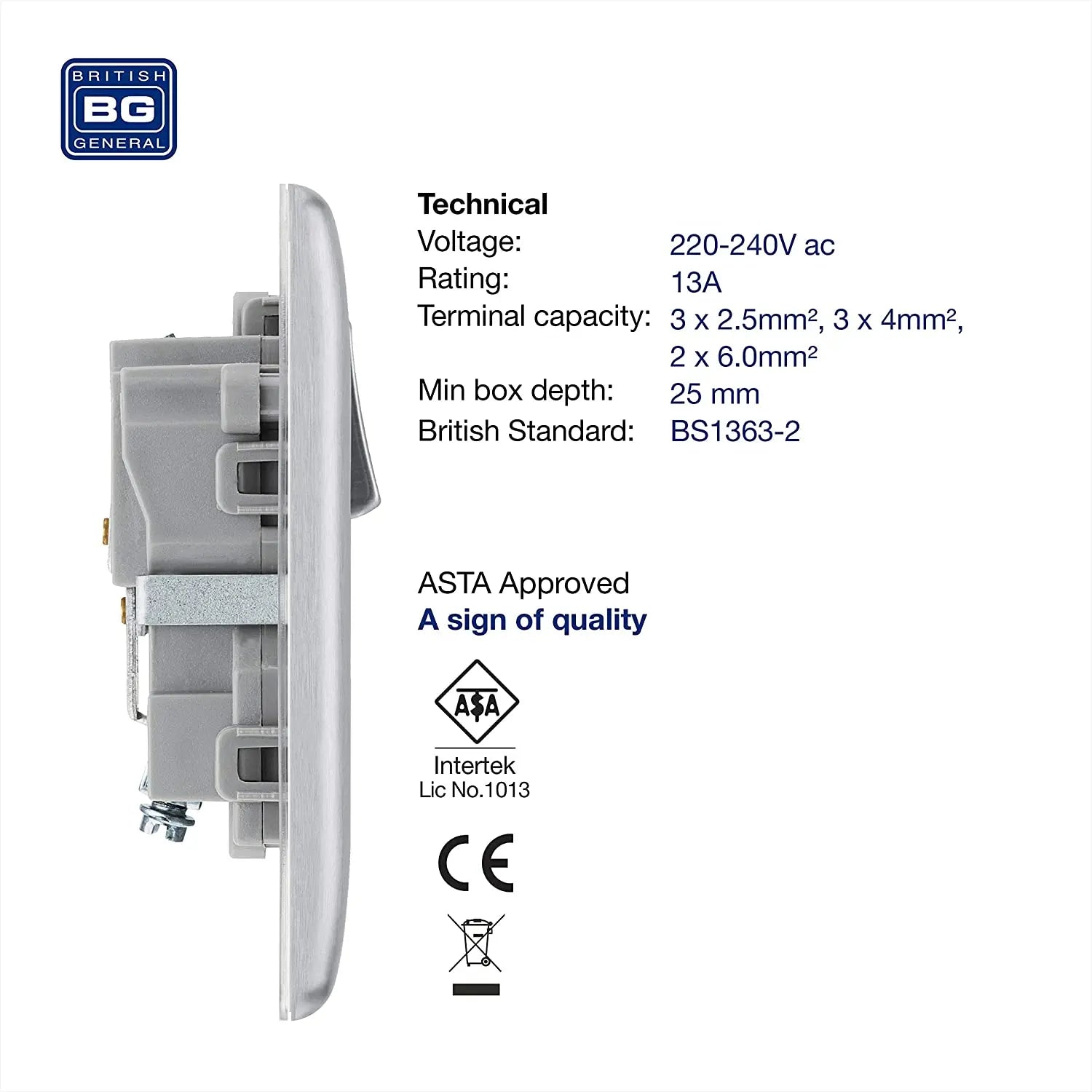 BG Nexus Metal Single Socket in Brushed Steel with Grey Inserts - NBS21G-01 BG (British General)