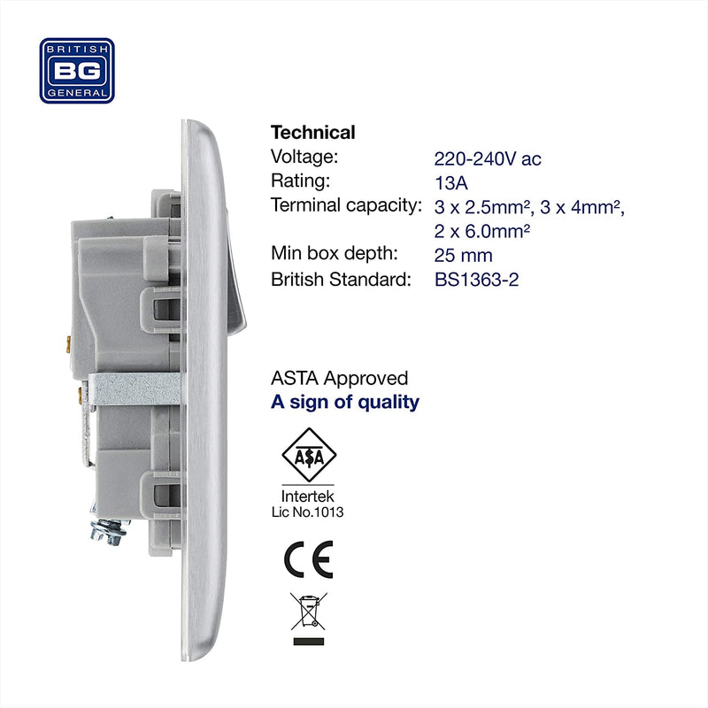 BG Nexus Metal Single Socket in Brushed Steel with Grey Inserts - NBS21G-01