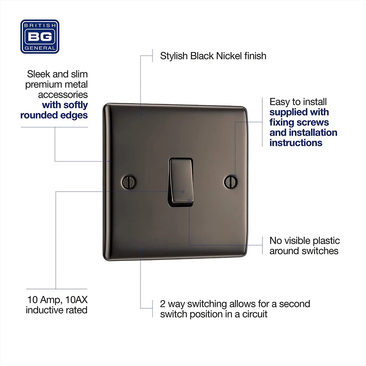 BG Nexus NBN12 Metal 1 Gang Switch in Black Nickel BG (British General)