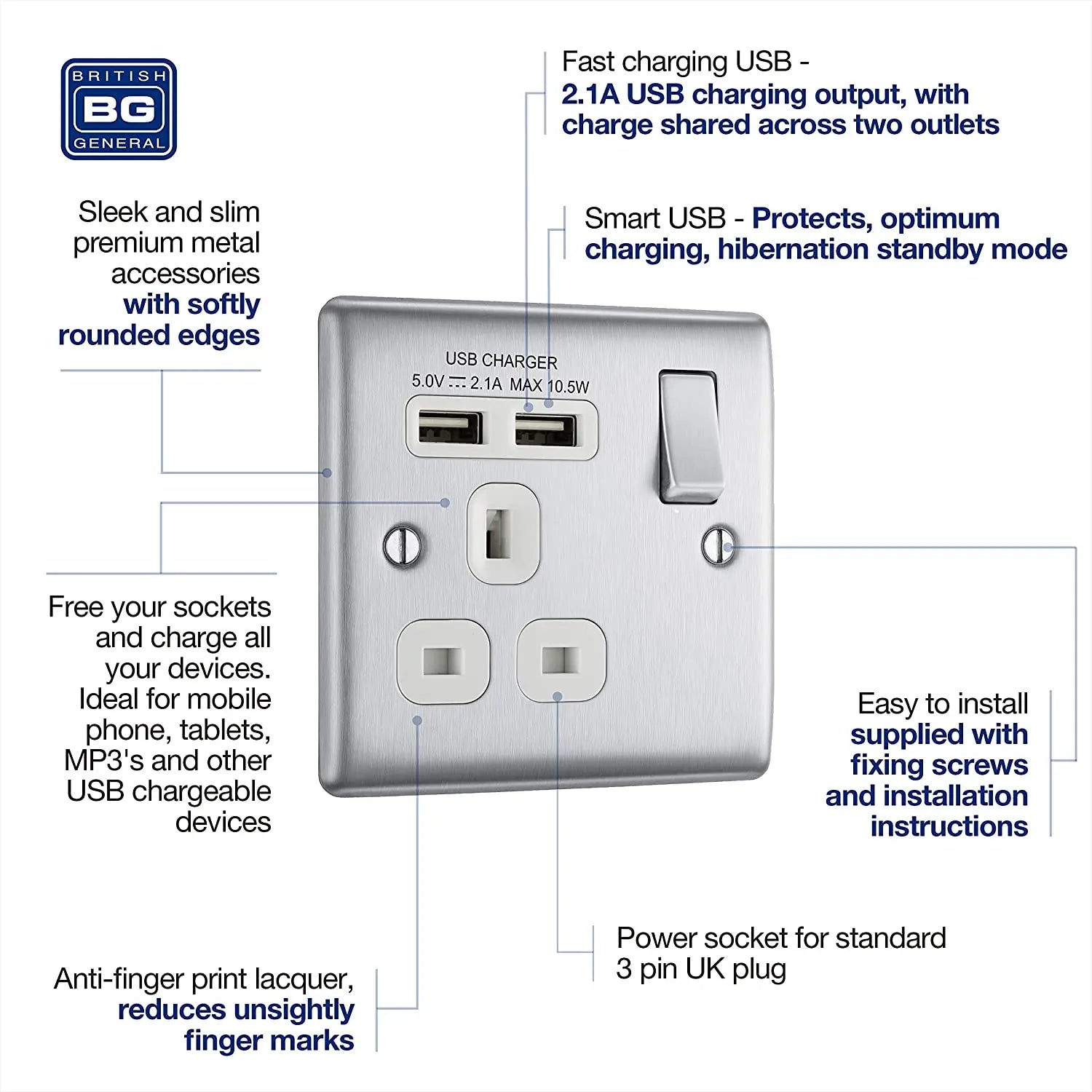BG Nexus Metal USB Single Socket in Brushed Steel with White Inserts - NBS21U2W-01 BG (British General)