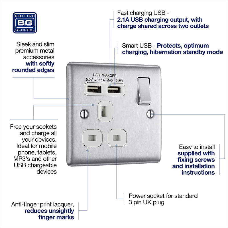 BG Nexus Metal USB Single Socket in Brushed Steel with White Inserts - NBS21U2W-01