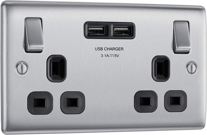 BG Nexus Metal USB Double Socket in Brushed Steel with Black Inserts - NBS22U3B-01