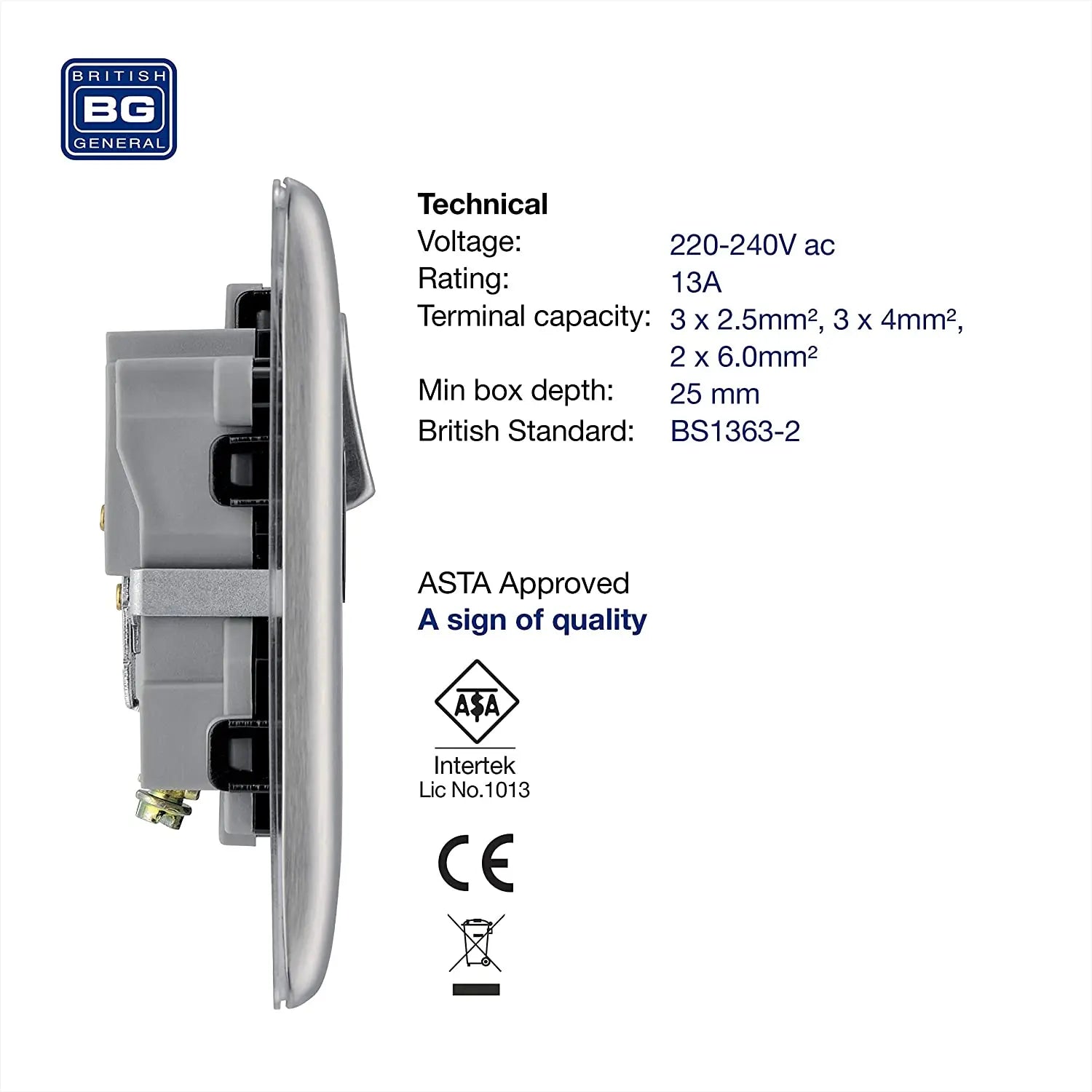 BG Nexus Metal Single Socket in Brushed Steel with Black Inserts - NBS21B-01 BG (British General)