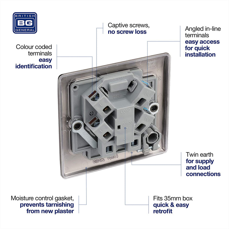 BG Nexus Metal Un-Switched Fused Spur with Flex Outlet in Black Nickel - NBN55-01