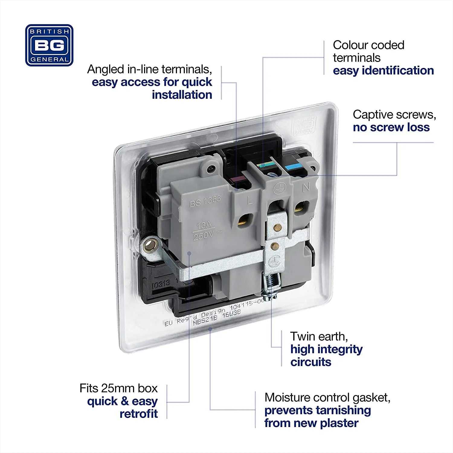 BG Nexus Metal Single Socket in Brushed Steel with Black Inserts - NBS21B-01 BG (British General)