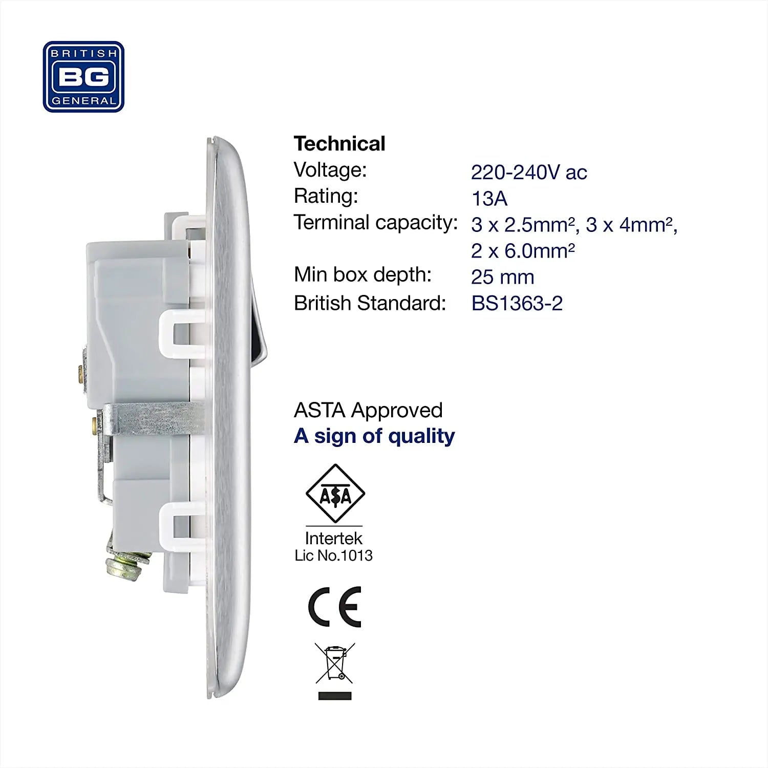 BG Nexus Metal Single Socket in Brushed Steel with White Inserts - NBS21W-01 BG (British General)
