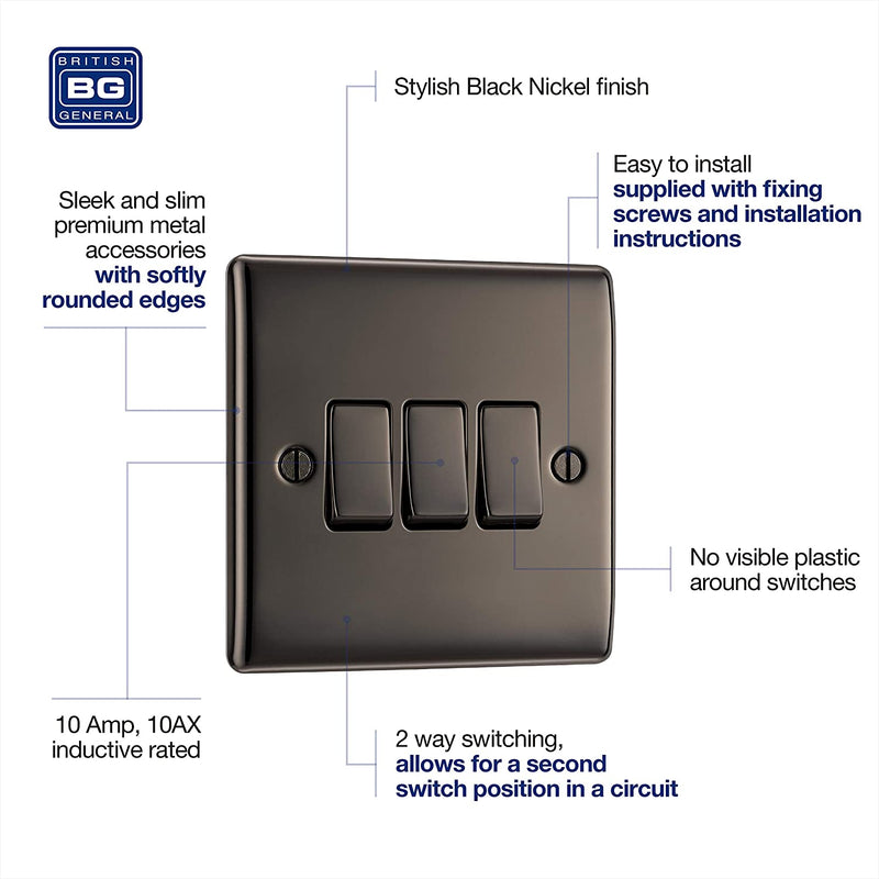 BG Nexus Metal 3 Gang Switch in Black Nickel - NBN43-01