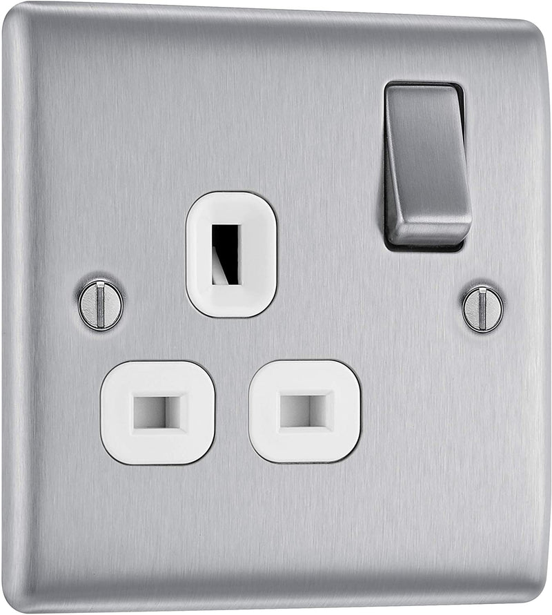 BG Nexus Metal Single Socket in Brushed Steel with White Inserts - NBS21W-01