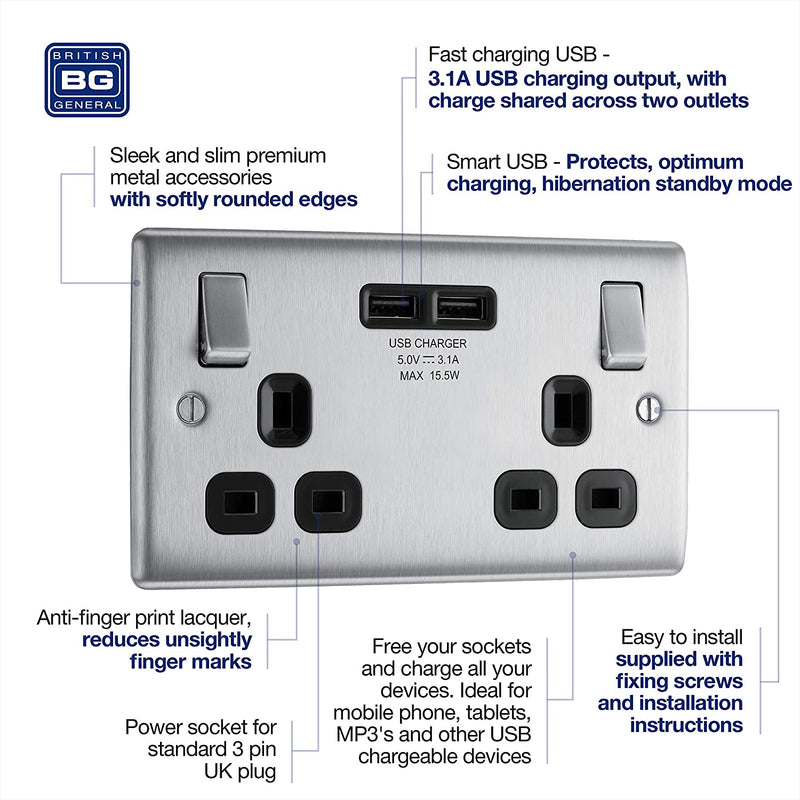 BG Nexus Metal USB Double Socket in Brushed Steel with Black Inserts - NBS22U3B-01