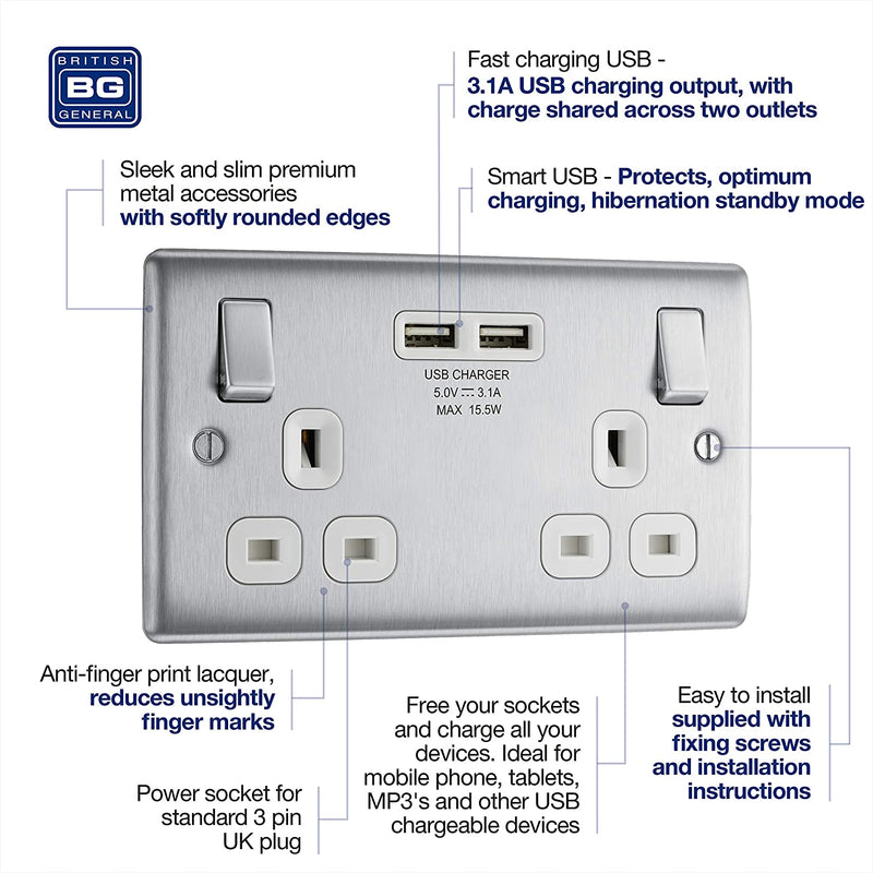 BG Nexus Metal USB Double Socket in Brushed Steel with White Inserts - NBS22U3W-01