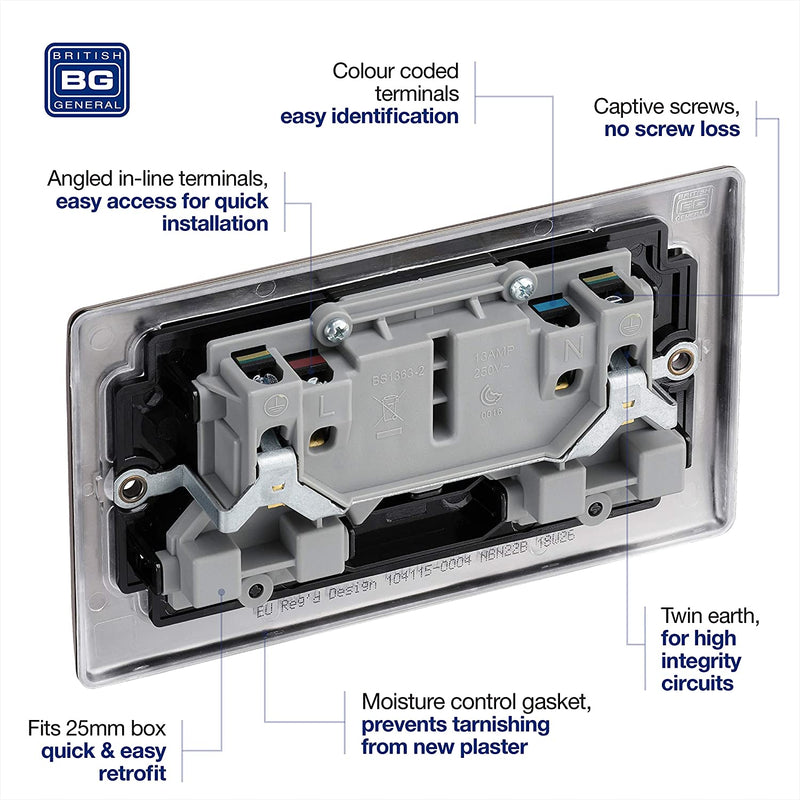 BG Nexus Black Nickel Double Socket with Black Inserts 13A 2 Gang - NBN22B
