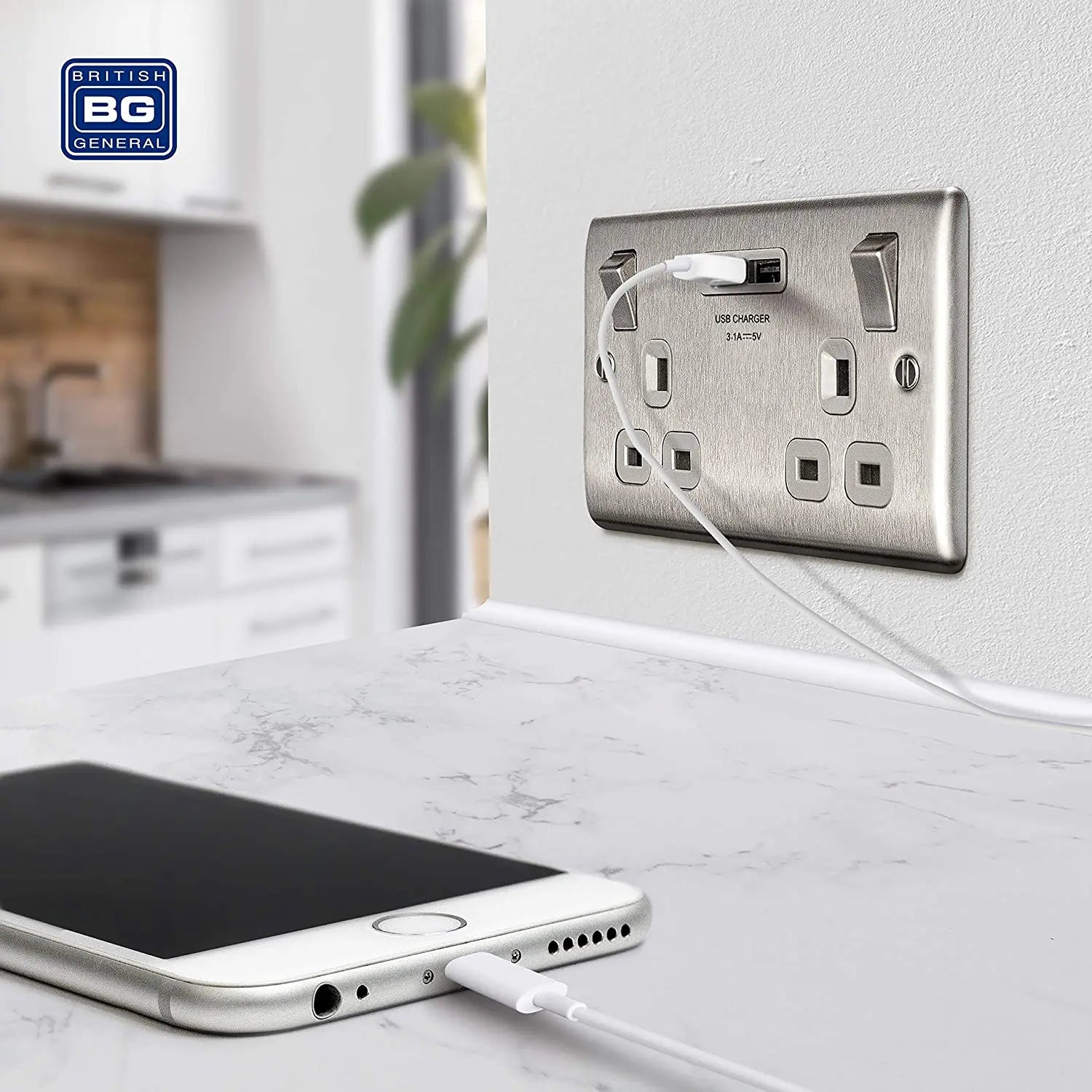 BG Nexus Metal USB Double Switched Fast Charging Power Socket with Two USB Charging Ports 13A in Brushed Steel with Grey Inserts - NBS22U3G BG (British General)