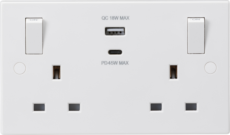 ML Knightsbridge White 13A 2 Gang Switched Double Socket Square Edge with Outboard Rockers and Dual USB (A+C) QC18W / PD45W