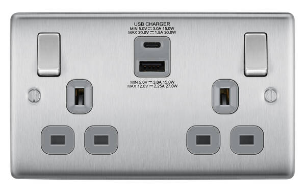 BG Nexus Metal USB USBC Double Socket in Brushed Steel with Grey Inserts - NBS22UAC30G