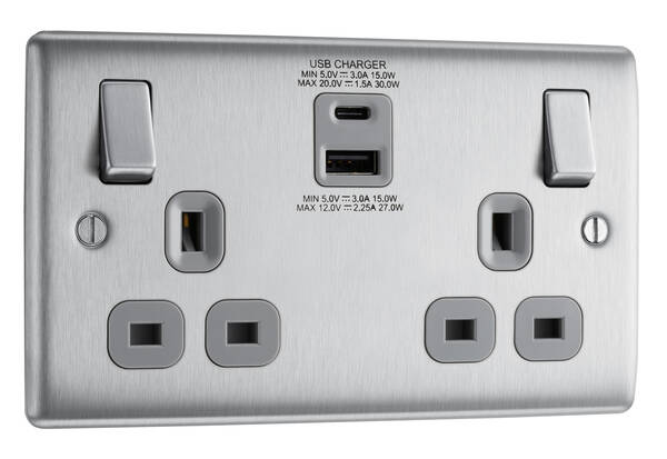 BG Nexus Metal USB USBC Double Socket in Brushed Steel with Grey Inserts - NBS22UAC30G