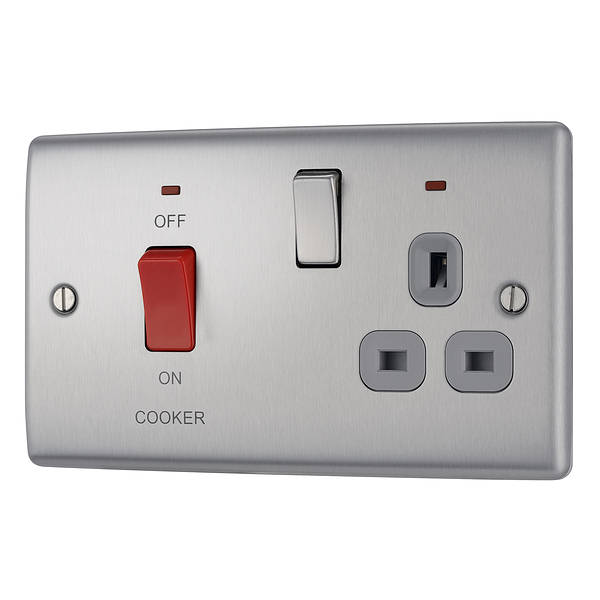 BG Nexus Metal 45 Amp DP Cooker Switch with Socket & Neon in Brushed Steel with Grey Inserts - NBS70G-01