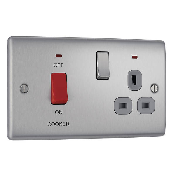 BG Nexus Metal 45 Amp DP Cooker Switch with Socket & Neon in Brushed Steel with Grey Inserts - NBS70G-01