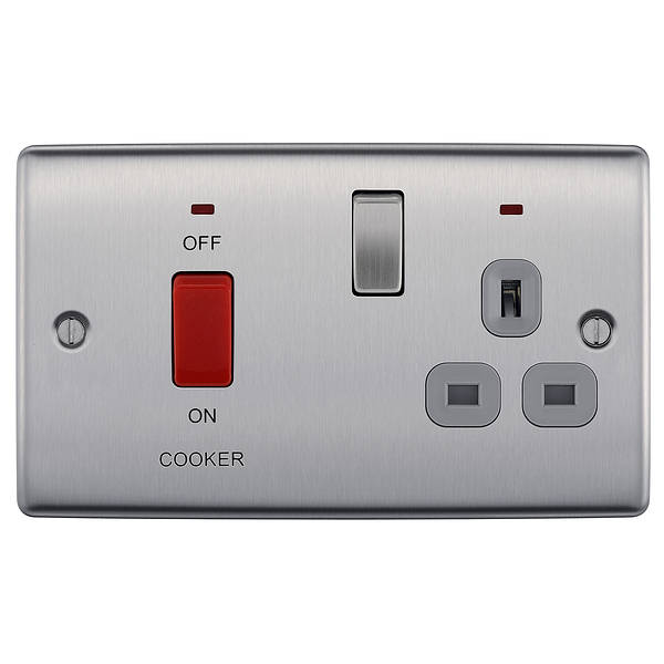 BG Nexus Metal 45 Amp DP Cooker Switch with Socket & Neon in Brushed Steel with Grey Inserts - NBS70G-01