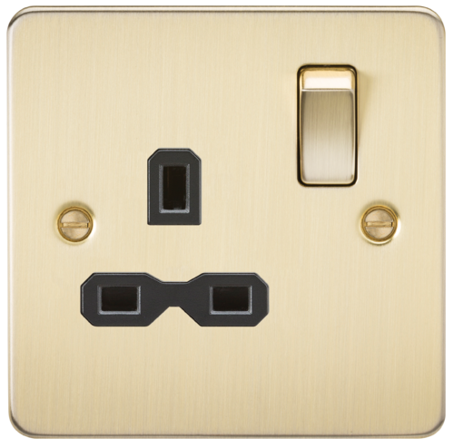 ML Flat Plate 13 Amp 1 Gang Double Pole Single Switched Socket - Brushed Brass with Black Insert