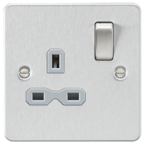 ML Flat Plate Single Socket in Brushed Chrome with Grey Insert