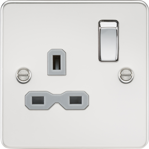 ML Flat Plate 13A 1 Gang DP Single Socket - Polished Chrome With Grey Insert