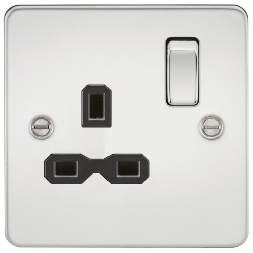 ML Flat Plate 13A 1 Gang DP Single Socket - Polished Chrome With Black Insert