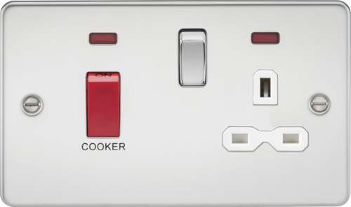 ML Flat Plate 45A DP Switch and 13A Switched Socket with Neon - Polished Chrome with White Insert