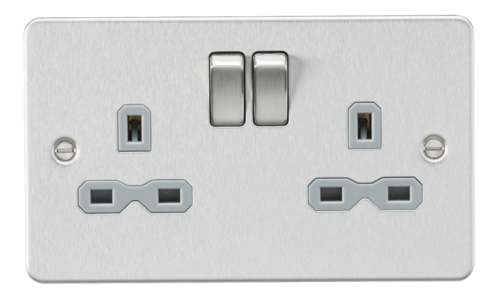 ML Flat Plate Double Socket in Brushed Chrome with Grey Insert