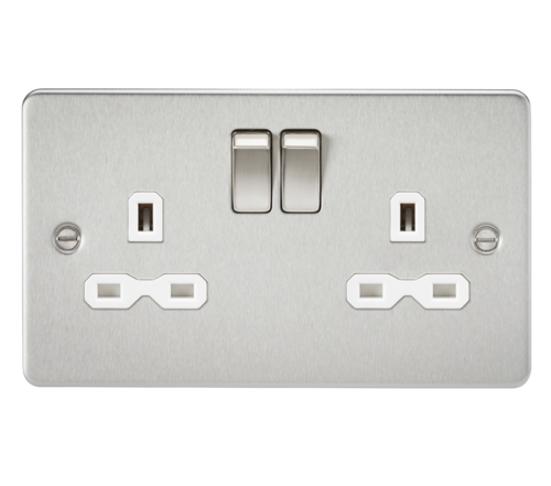 ML Flat Plate Double Socket in Brushed Chrome with White Insert