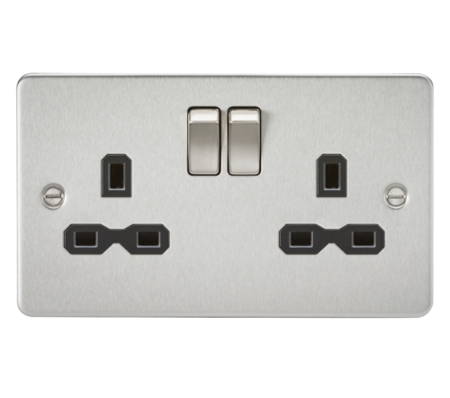 ML Flat Plate Double Socket in Brushed Chrome with Black Insert