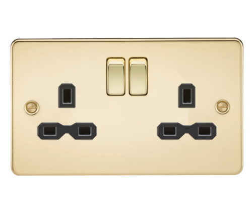 ML 2 Gang Double Pole Switched Double Socket - Polished Brass with Black Insert