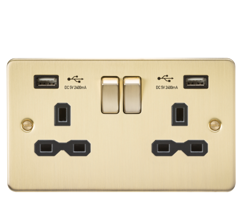 Flat plate 13A 2 Gang Switched Socket with Dual USB Charger (2.4A) - Brushed Brass with Black Insert