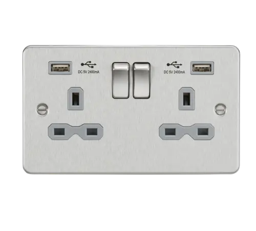 Flat plate 13A 2G Switched Socket with Dual USB Charger (2.4A) - Brushed Chrome with Grey Insert