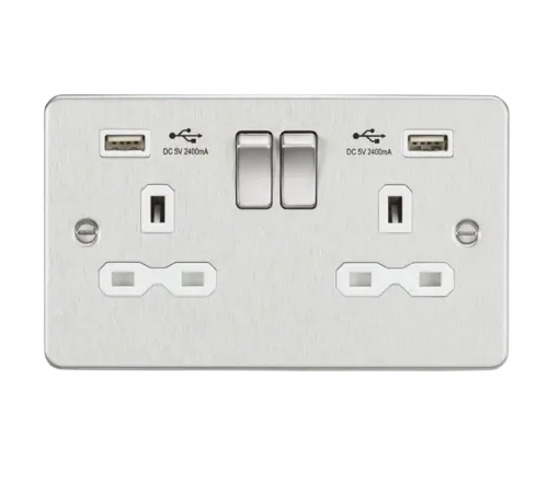 Flat plate 13A 2G Switched Socket with Dual USB Charger (2.4A) - Brushed Chrome with Grey Insert