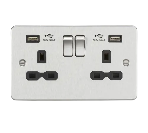 Flat plate 13A 2G Switched Socket with Dual USB Charger (2.4A) - Brushed Chrome with Grey Insert