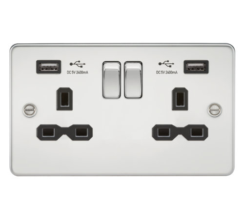 ML Flat Plate 13A 2 Gang Switched Double Socket With Dual USB Charger (2.4A) - Polished Chrome With Black Insert