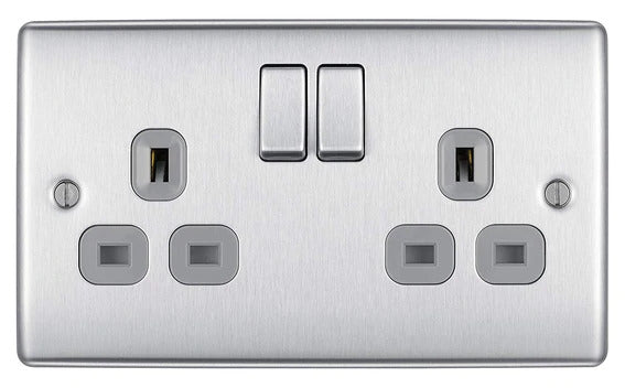 BG Nexus NBS22G Brushed Steel Grey Double Socket 13A Plug With Grey Inserts