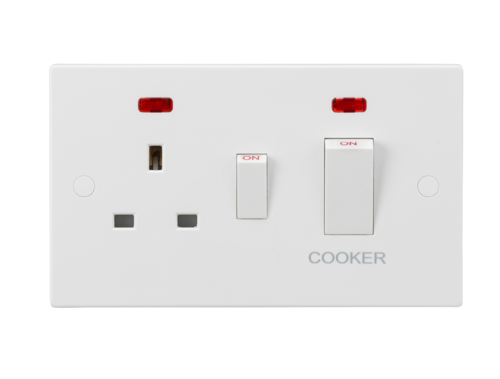 ML Square Edge 45A Double Pole Cooker Switch and 13A Socket with Neon in White