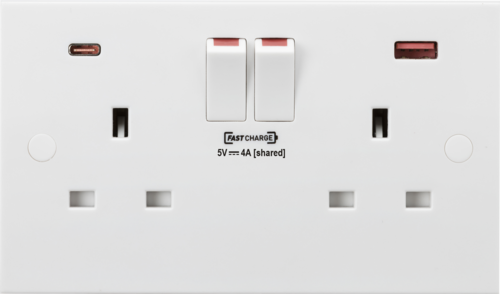 13A 2 Gang Double Pole Switched Double Socket with Dual USB FASTCHARGE Ports (USB C + A) SN9909