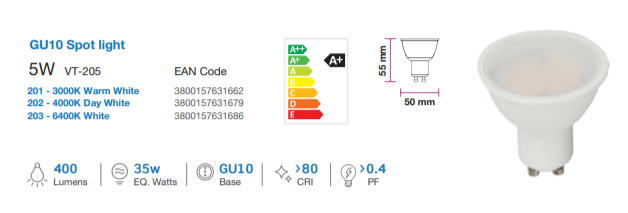 5 x V-TAC GU10 Samsung Chip 4.5 Watt LED Spotlight
