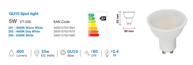 V-TAC GU10 Samsung Chip 4.5W LED Spotlight Cool White 4000K V-TAC