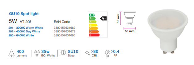 V-TAC GU10 Samsung Chip 5W LED Spotlight- Daylight 6400K